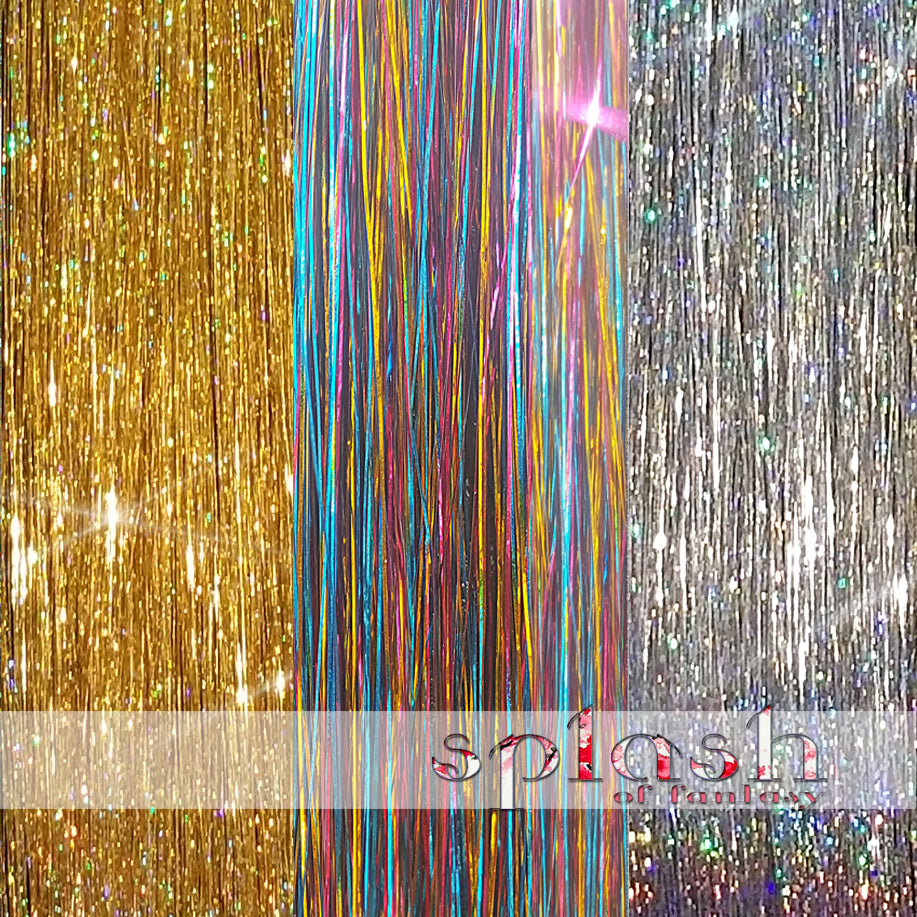40" Sparkling Fairy Hair, 300 Strands - Sparkling Gold, Sparkling Silver, Shiny Rainbow